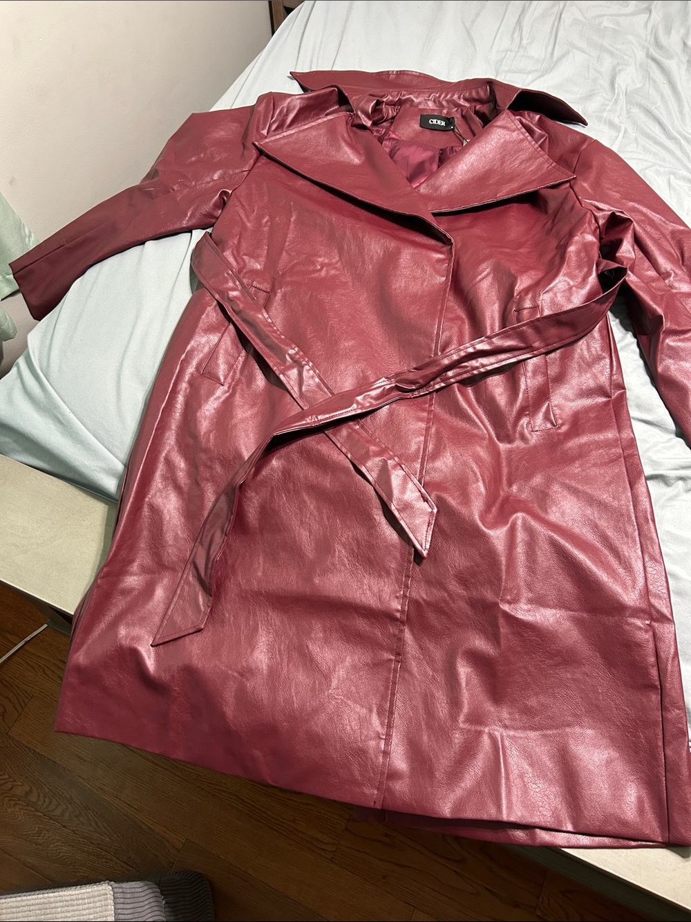 Cider Faux Leather Trench Coat - Burgundy
